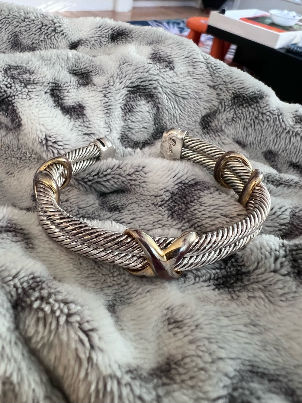Vintage Silver Tone Cable Cuff Bracelet with Gold Tone Accents by Best Jewelry